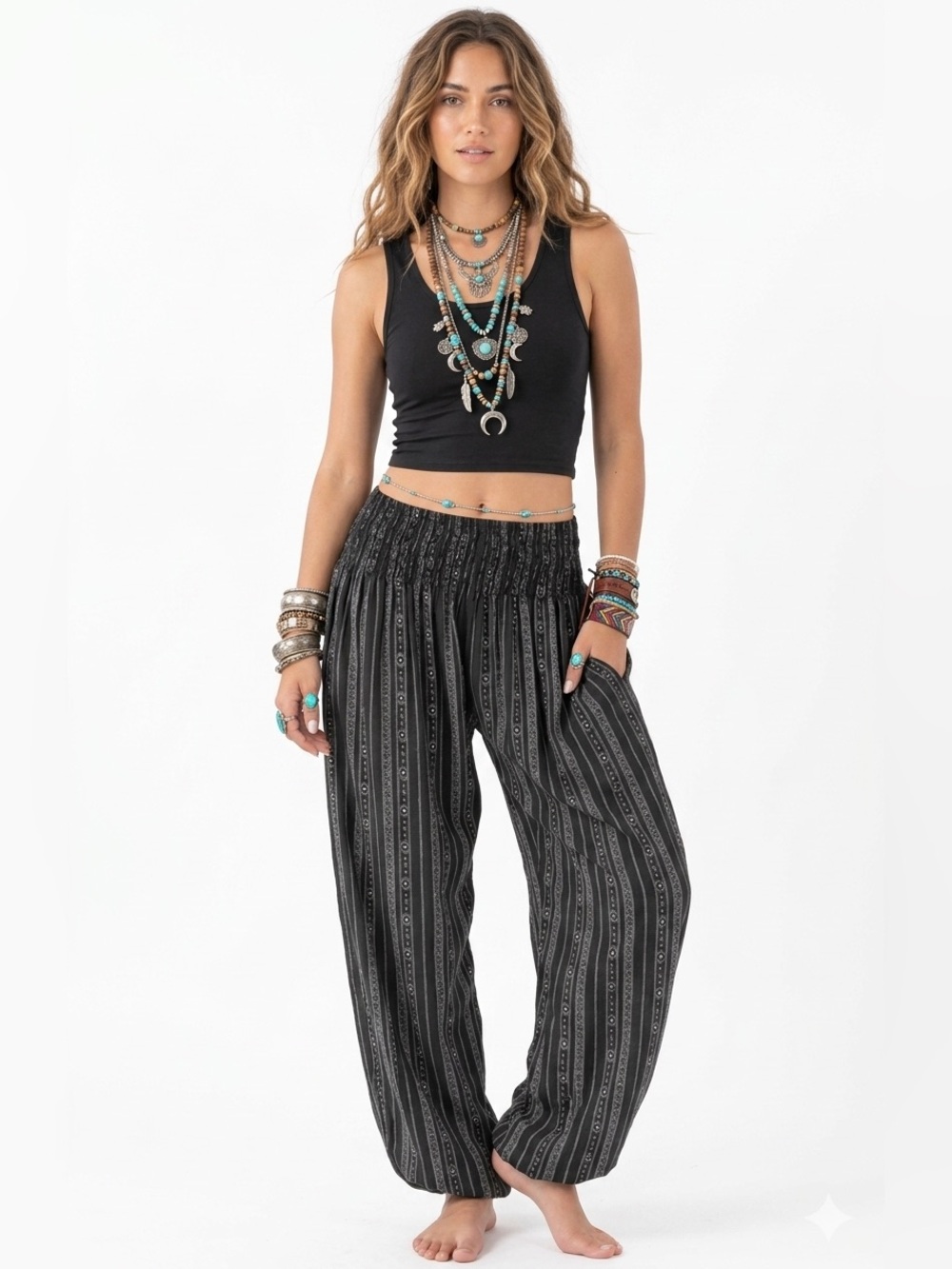 Lotus & Luna Wide-Leg Smocked-Waist Harem Pants